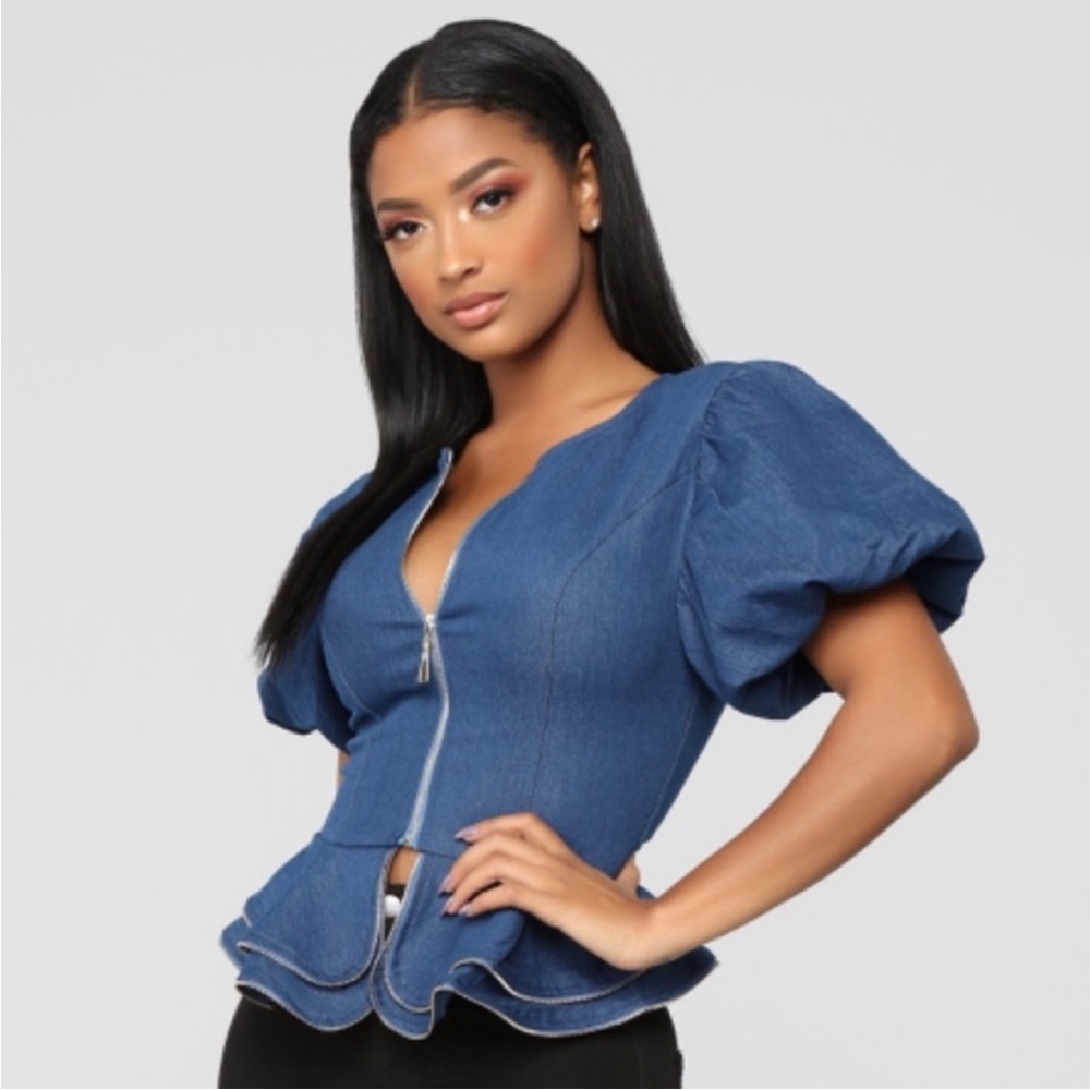 Denim Peplum Zip-Front Puff Sleeve Top